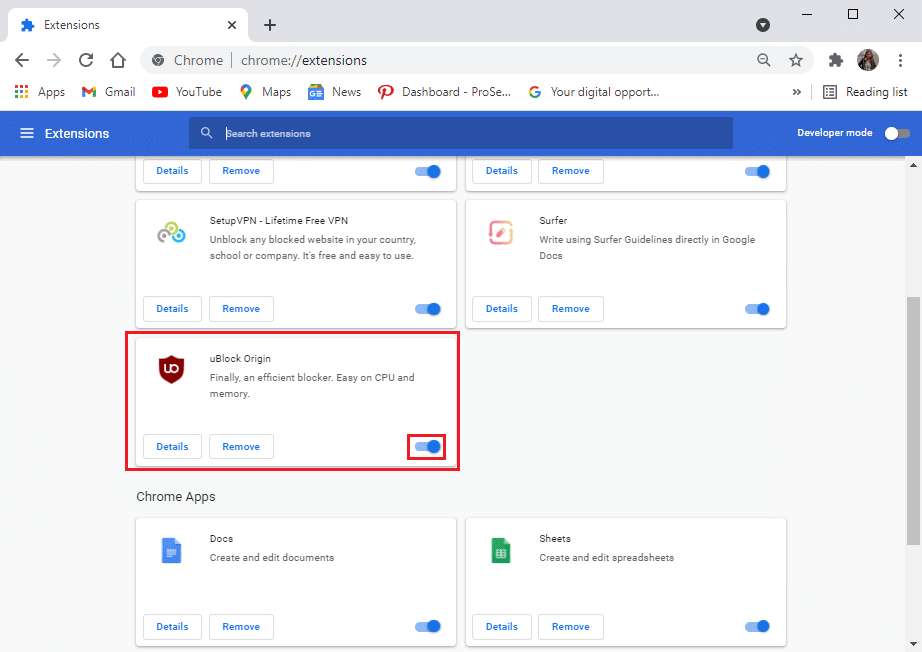 U-BlockまたはU-BlockOrigins拡張機能の横にあるトグルをオフにして無効にします