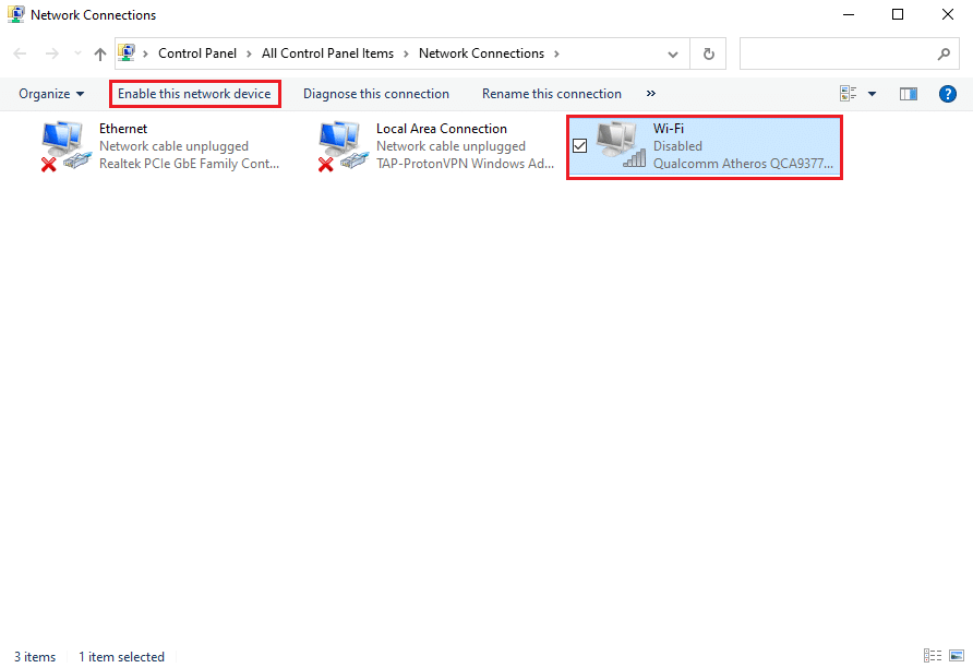 도구 모음에서 이 네트워크 장치 활성화를 클릭합니다.