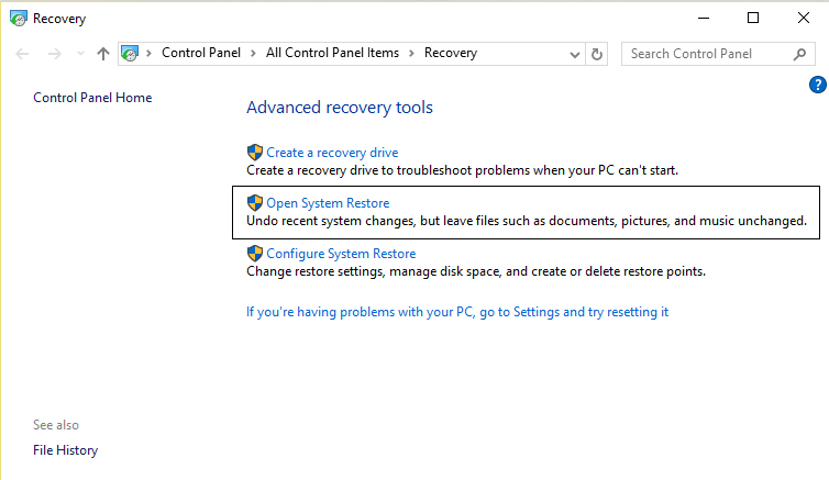시스템 복원 열기