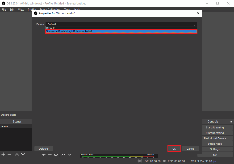 出力デバイスを選択し、[OK]をクリックします