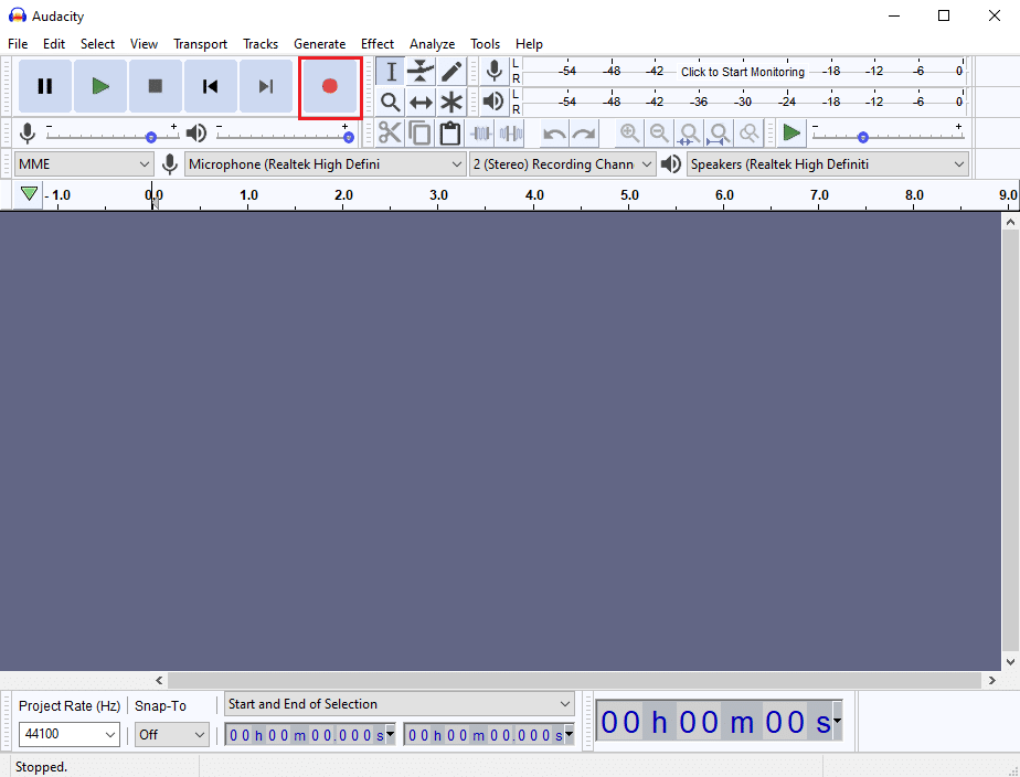 Audacityウィンドウに移動し、赤い点のアイコンをクリックします