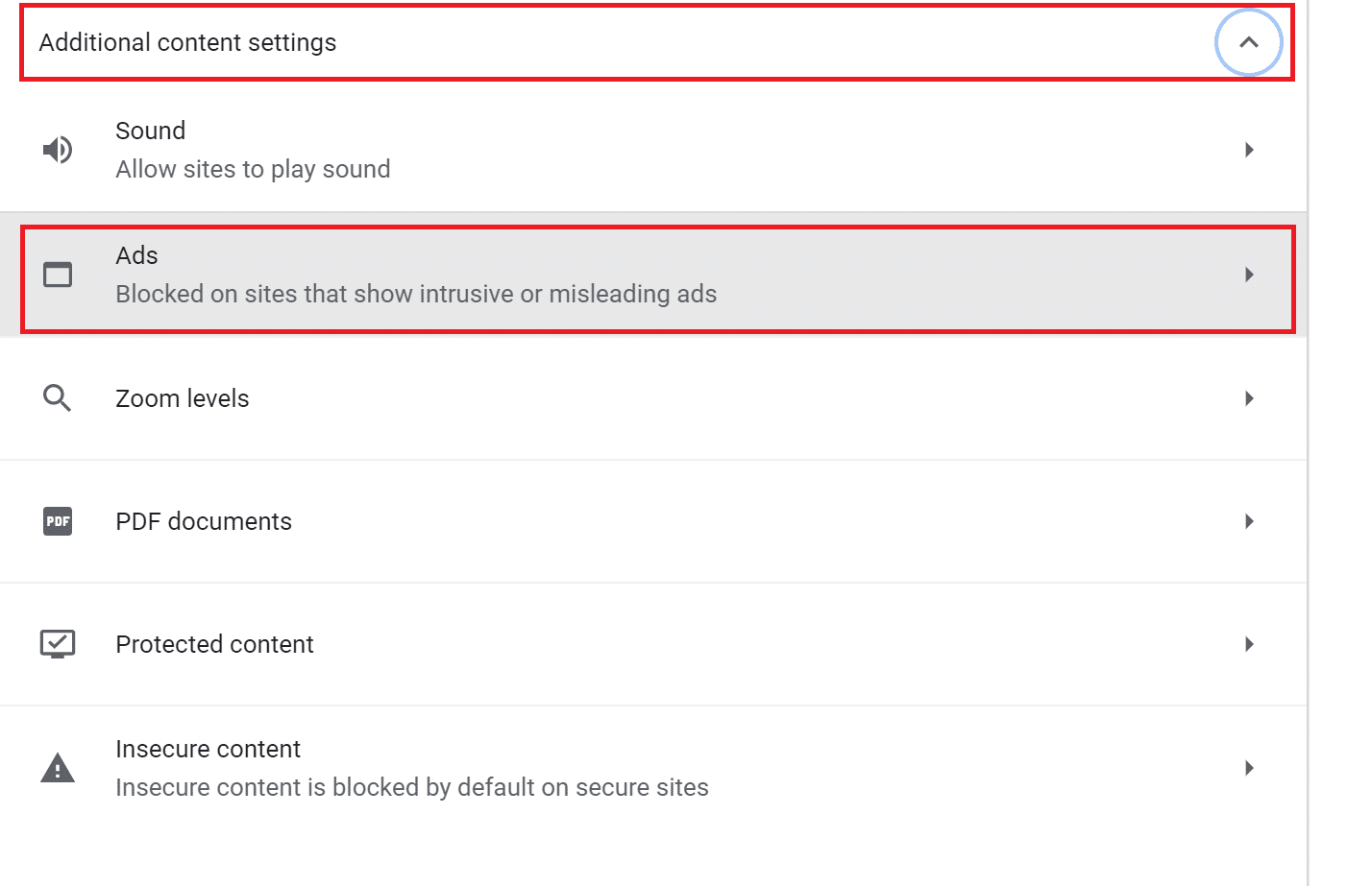 [追加のコンテンツ設定]をクリックします。次に、[広告]をクリックします