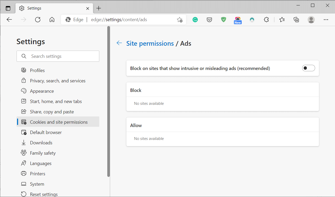 Edgeで広告ブロッカーを無効にする