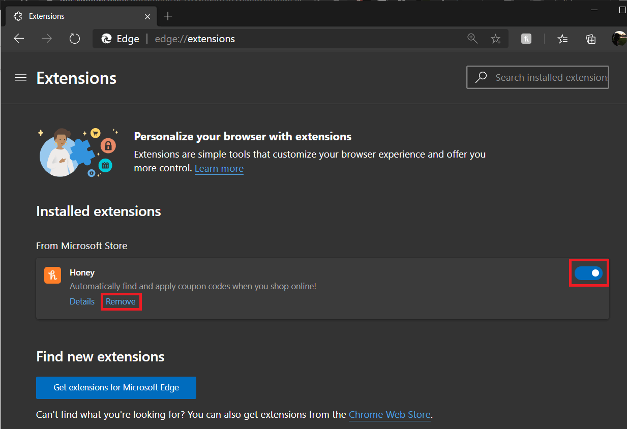 トグルスイッチをクリックして、特定の拡張機能を無効にします