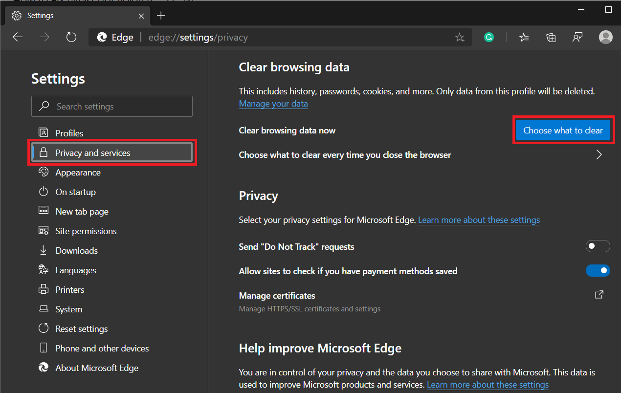 [プライバシーとサービス]タブに切り替えて、[クリアするものを選択]をクリックします