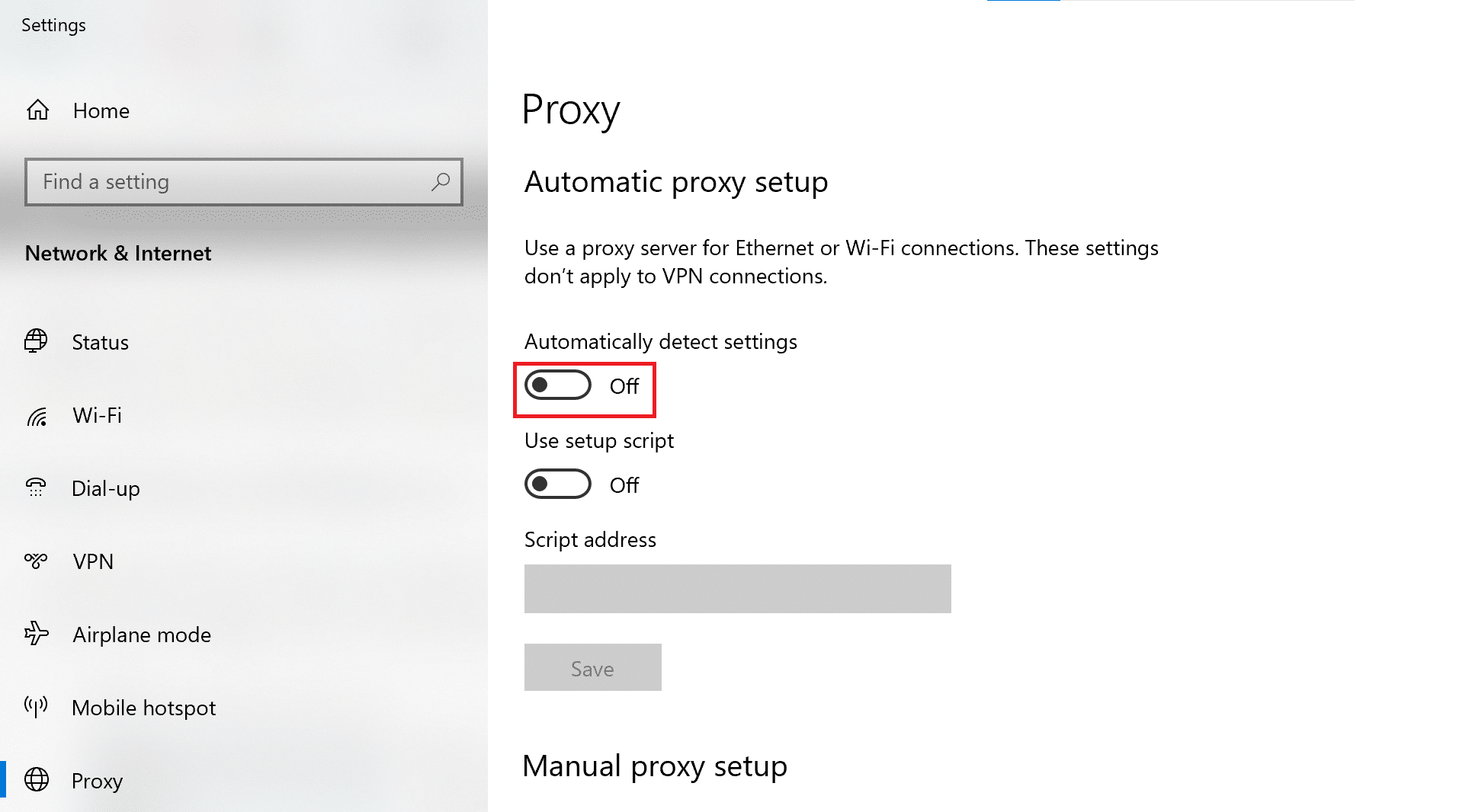 [設定を自動的に検出する]のトグルをオフにします| YouTubeのコメントが読み込まれない問題を修正する方法