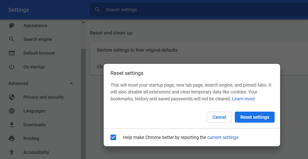 確認ボックスがポップアップ表示されます。 [設定のリセット]をクリックして続行します。