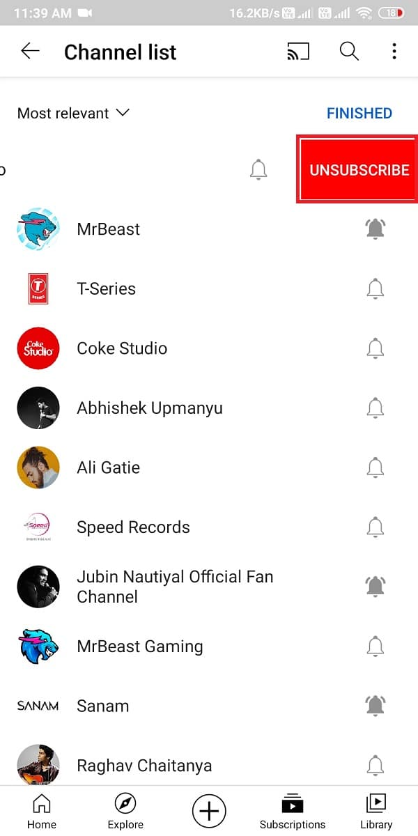 مرر لليسار على قناة وانقر على إلغاء الاشتراك