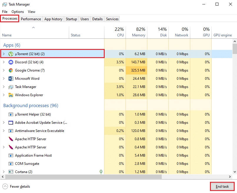 アプリを選択し、画面の下部に表示される[タスクの終了]ボタンをクリックします