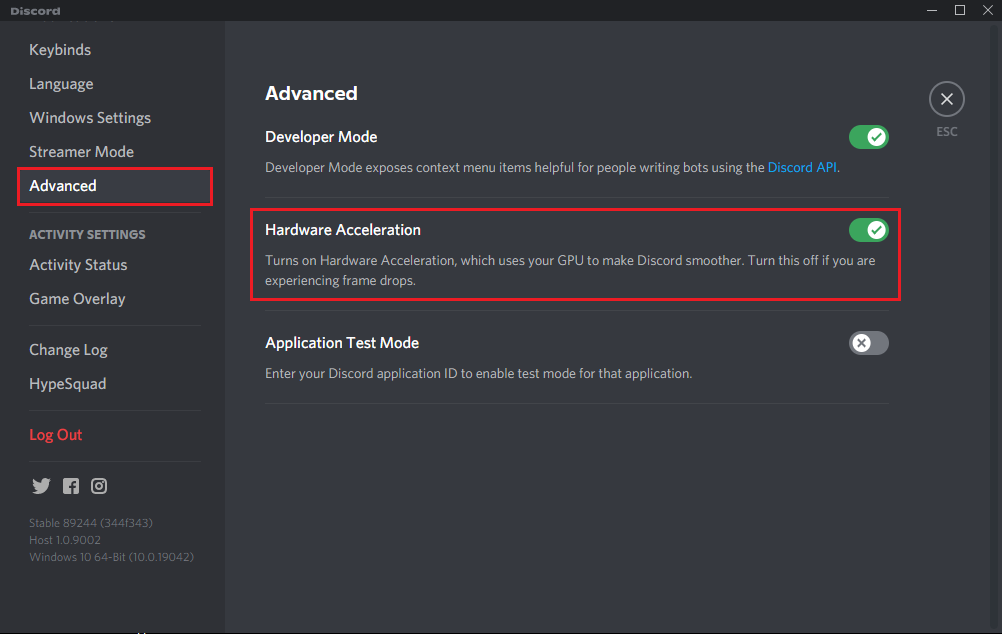 [詳細設定]タブに切り替えて、[ハードウェアアクセラレーション]の横にあるトグルをオフにします。 Discordオーバーレイが機能しない問題を修正する方法