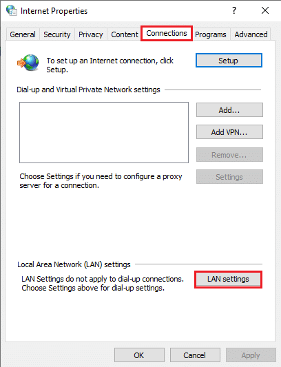 上から[接続]タブに切り替えて、[LAN設定]をクリックします。 Discordオーバーレイが機能しない問題を修正する方法