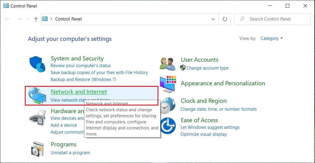 コントロールパネルから、[ネットワークとインターネット]をクリックします。 Discordオーバーレイが機能しない問題を修正する方法