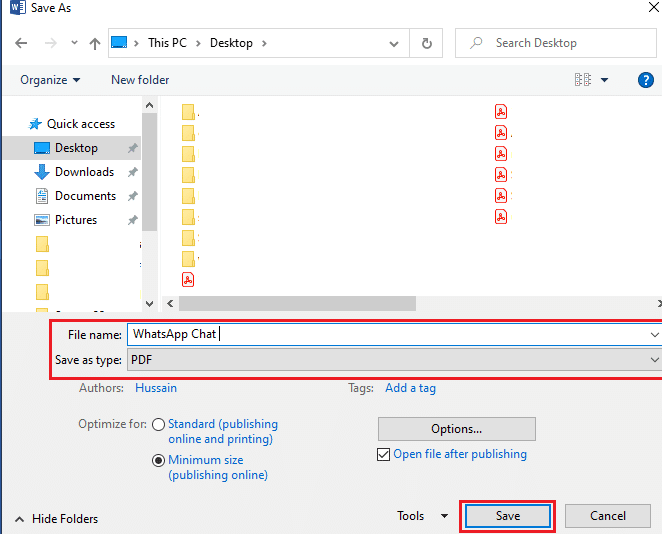 احفظ مستند Word كملف PDF عن طريق تحديد PDF في القائمة المنسدلة حفظ باسم