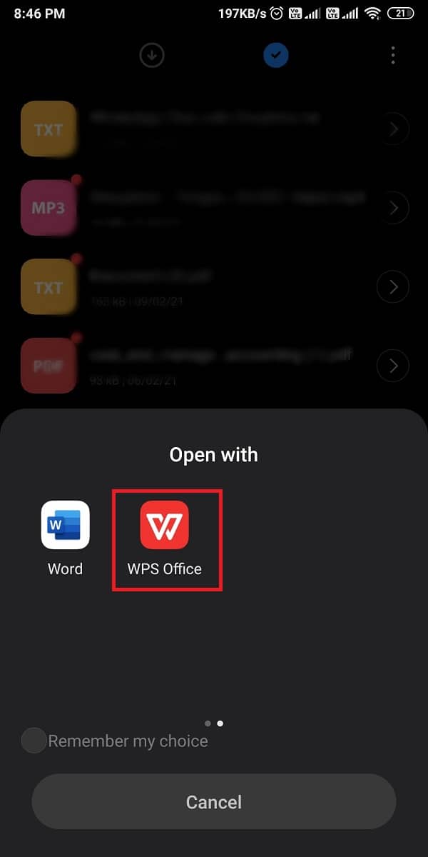 افتح الملف الذي تم تنزيله باستخدام WPS office