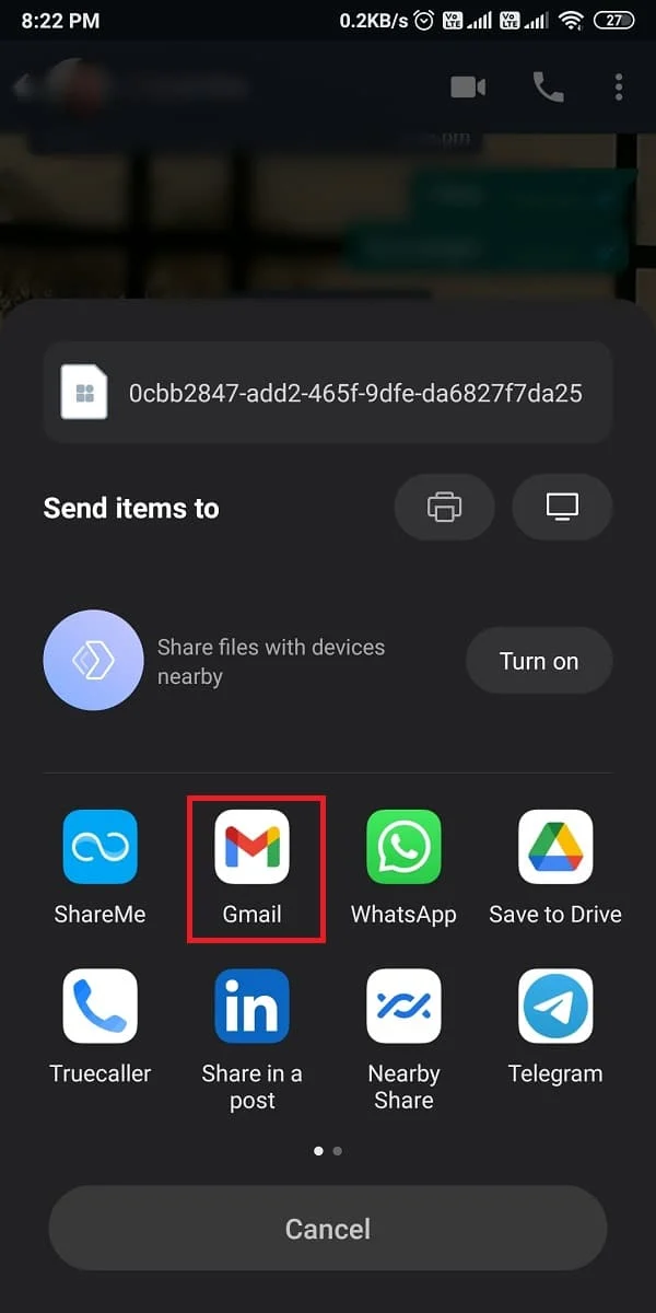حدد Gmail أو أي تطبيق بريد إلكتروني آخر لإرسال ملف .txt إليك بالبريد. كيفية تصدير دردشة WhatsApp بصيغة PDF