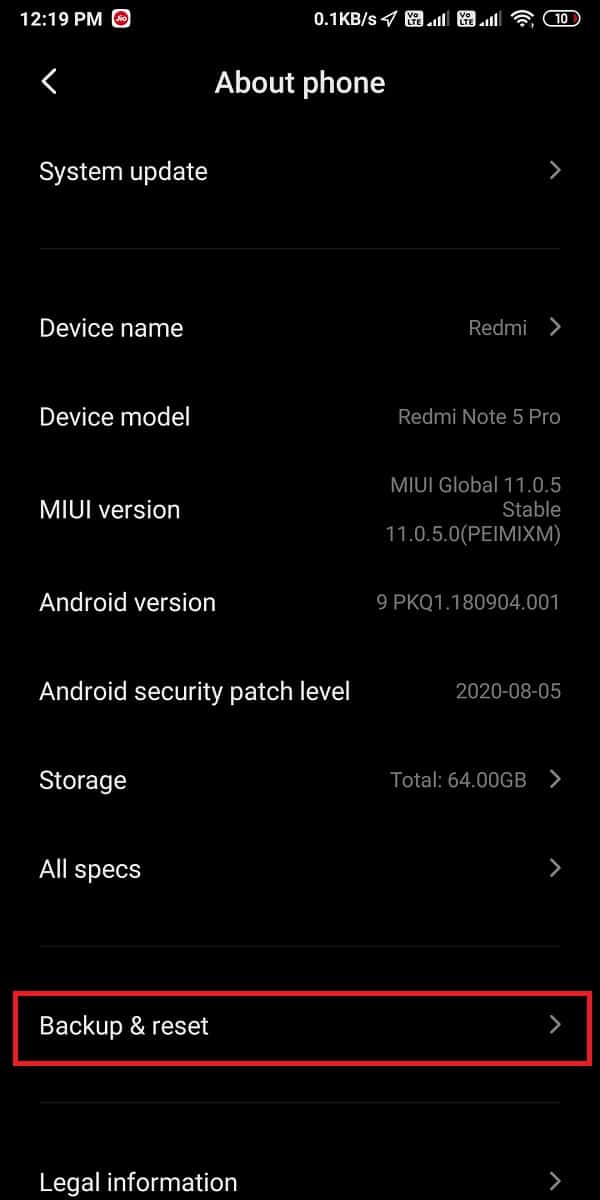 バックアップとリセット/リセットオプションをタップします
