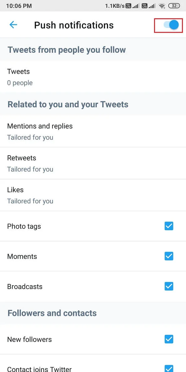 画面上部のプッシュ通知の横にあるトグルをオンにしていることを確認してください。