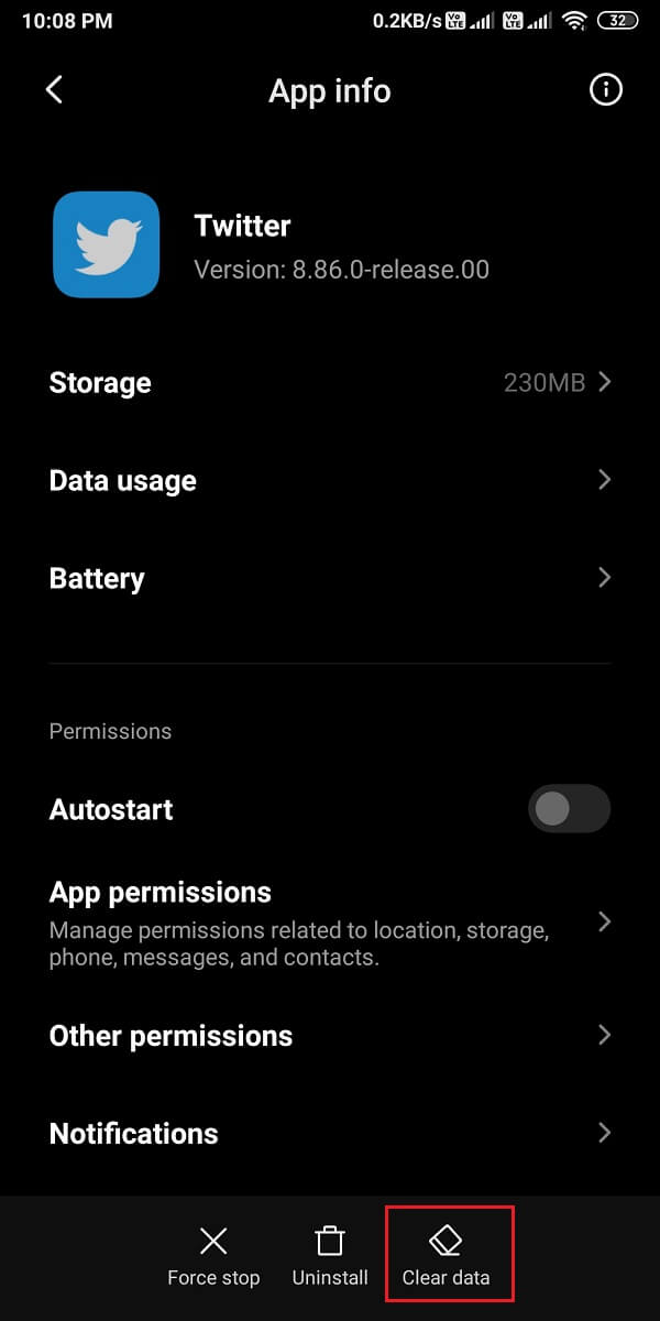画面の下部にある[データを消去]をタップします。 | Twitter通知が機能しない問題を修正