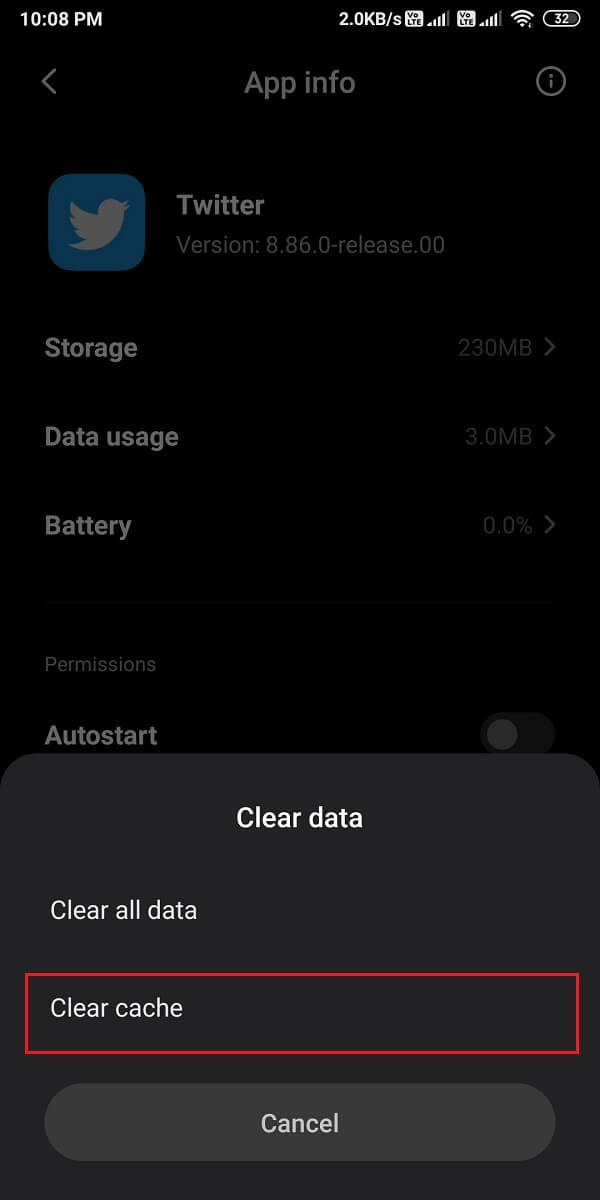 最後に、[キャッシュをクリア]をタップし、[OK]をタップします。 | Twitter通知が機能しない問題を修正