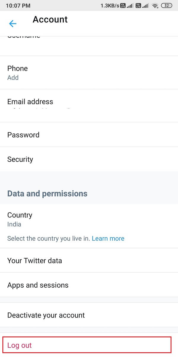 下にスクロールして、ログアウトをタップします。 | Twitter通知が機能しない問題を修正