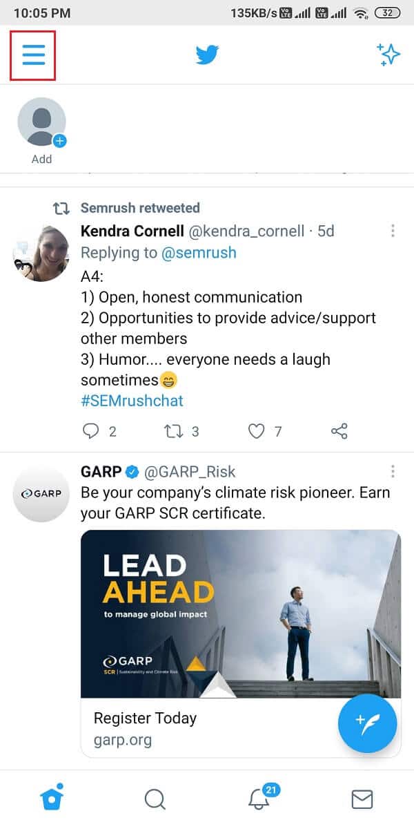 ハンバーガーアイコンまたは3本の横線をタップします| Twitter通知が機能しない問題を修正