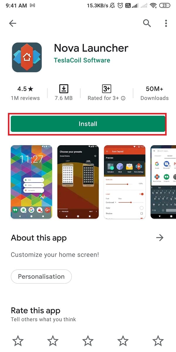 Google Playストアを開き、携帯電話にNovaLauncherをインストールします