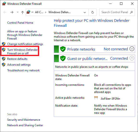 Ekranın solunda bulunan Windows Defender Güvenlik Duvarını aç veya kapat seçeneğini seçin.