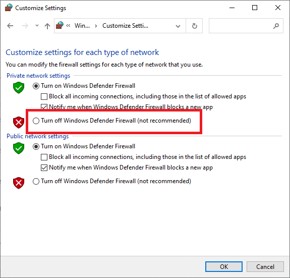 Windows Defender Güvenlik Duvarı'nı kapatın ve Tamam'a tıklayın. D3D cihazının kaybolması nedeniyle Unreal Engine'in çıkmasını düzeltin