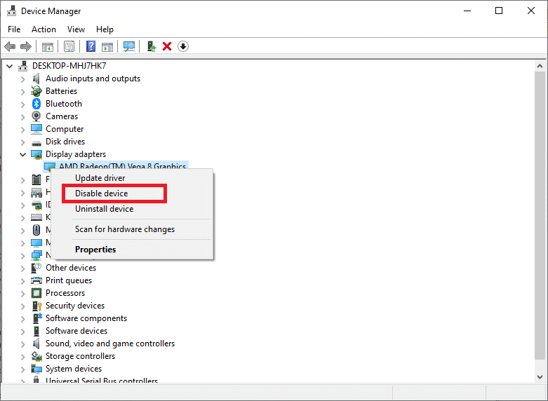 Sağ tıklayın ve Cihazı devre dışı bırak'ı seçin. D3D cihazının kaybolması nedeniyle çıkan FIx Unreal Engine