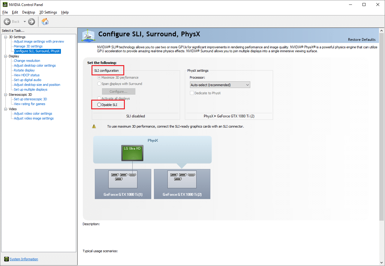 NVIDIA'da SLI'yi devre dışı bırakın. D3D cihazının kaybolması nedeniyle Unreal Engine Çıkışını Düzeltin