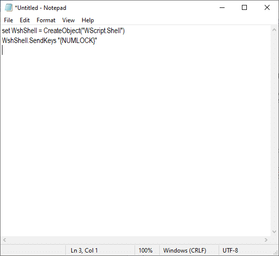 次のように入力するか、コピーして貼り付けることができます。 set WshShell = CreateObject( "WScript.Shell")WshShell.SendKeys "{NUMLOCK}"
