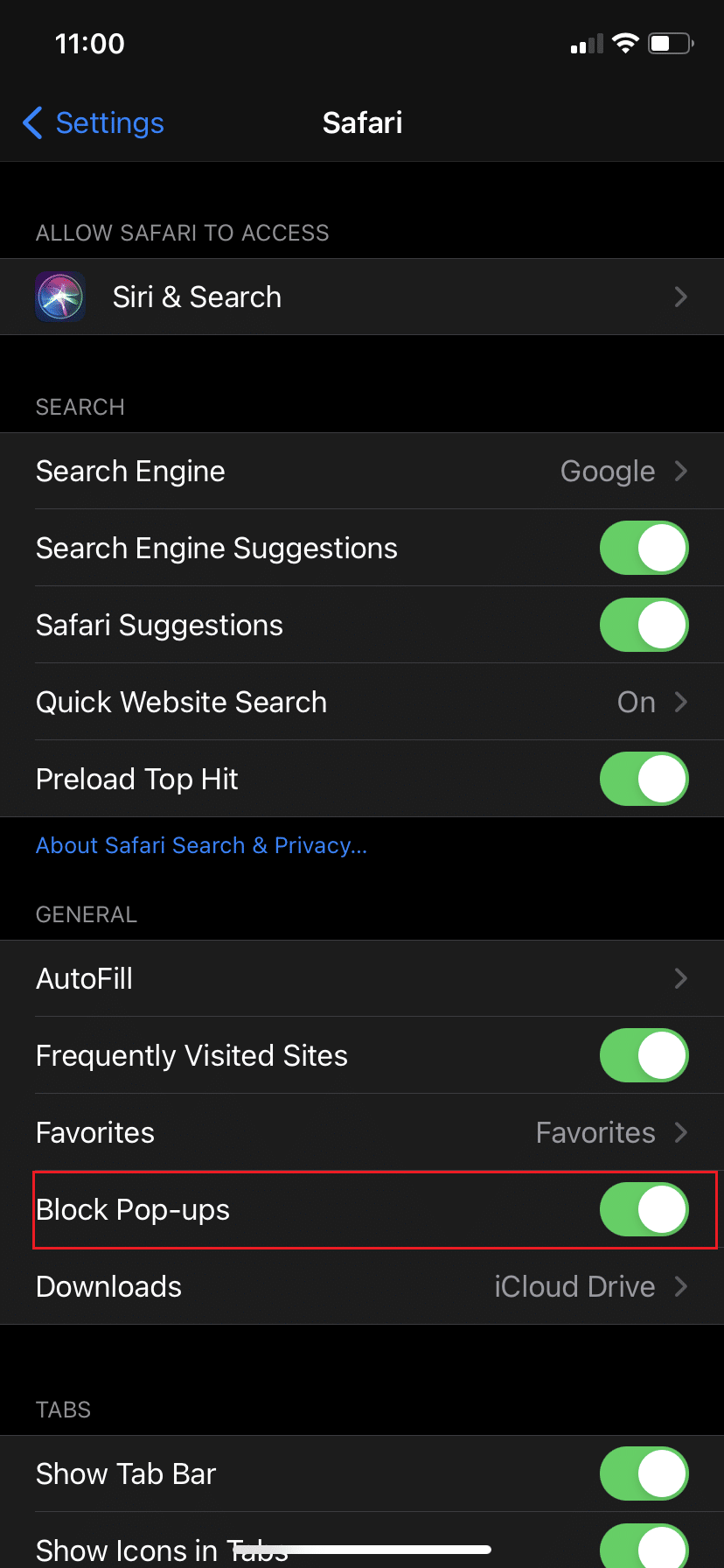 Açılır Pencereleri Engelle seçeneğini açın