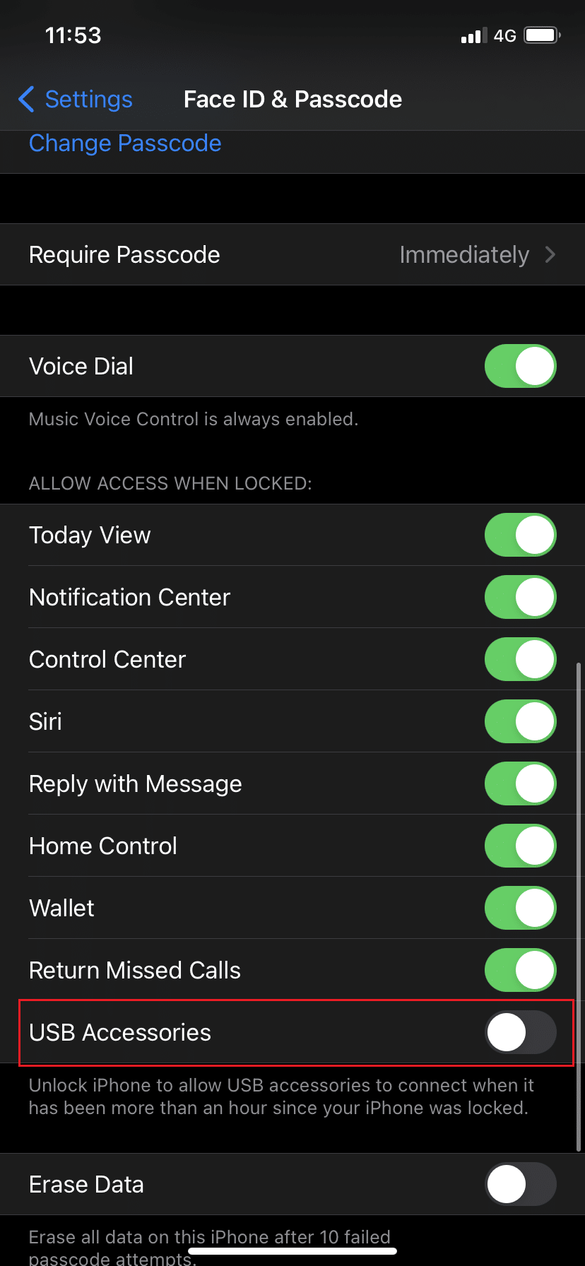 USBアクセサリをオンに切り替えます。 AppleCarPlayが機能しない