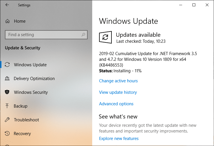 Проверить наличие обновлений Windows начнет загрузку обновлений