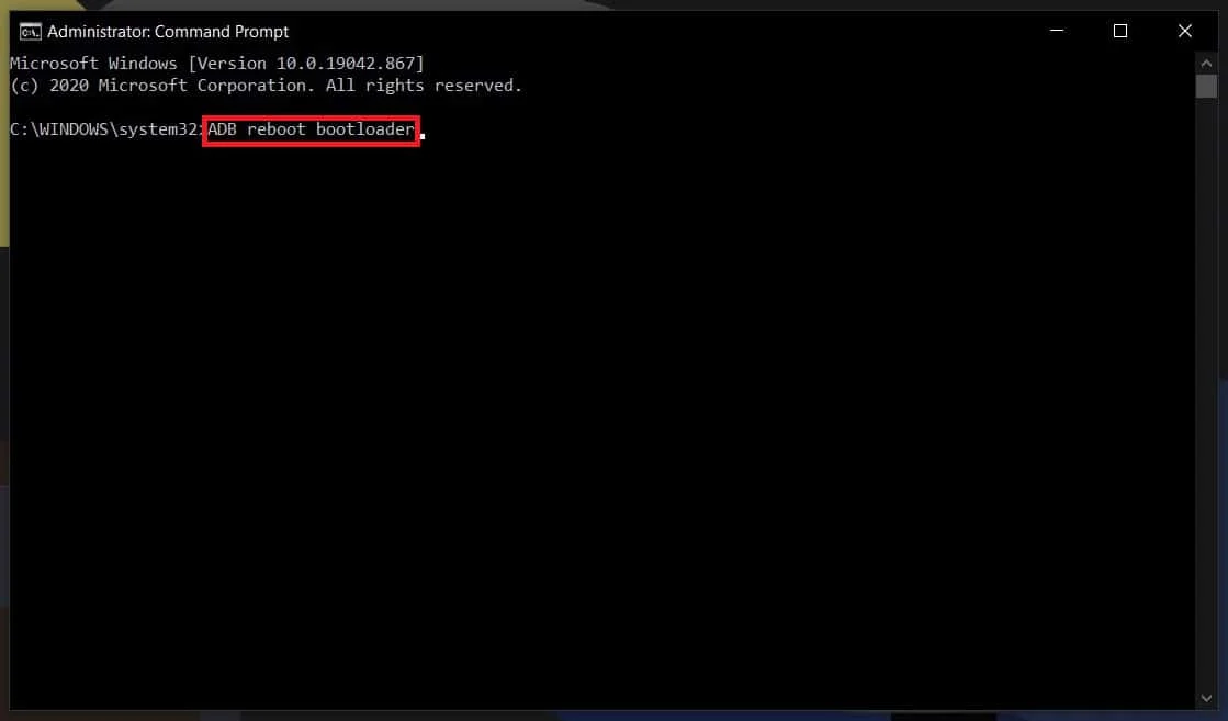 اكتب الأمر "ADB reboot bootloader" في موجه الأوامر واضغط على Enter.