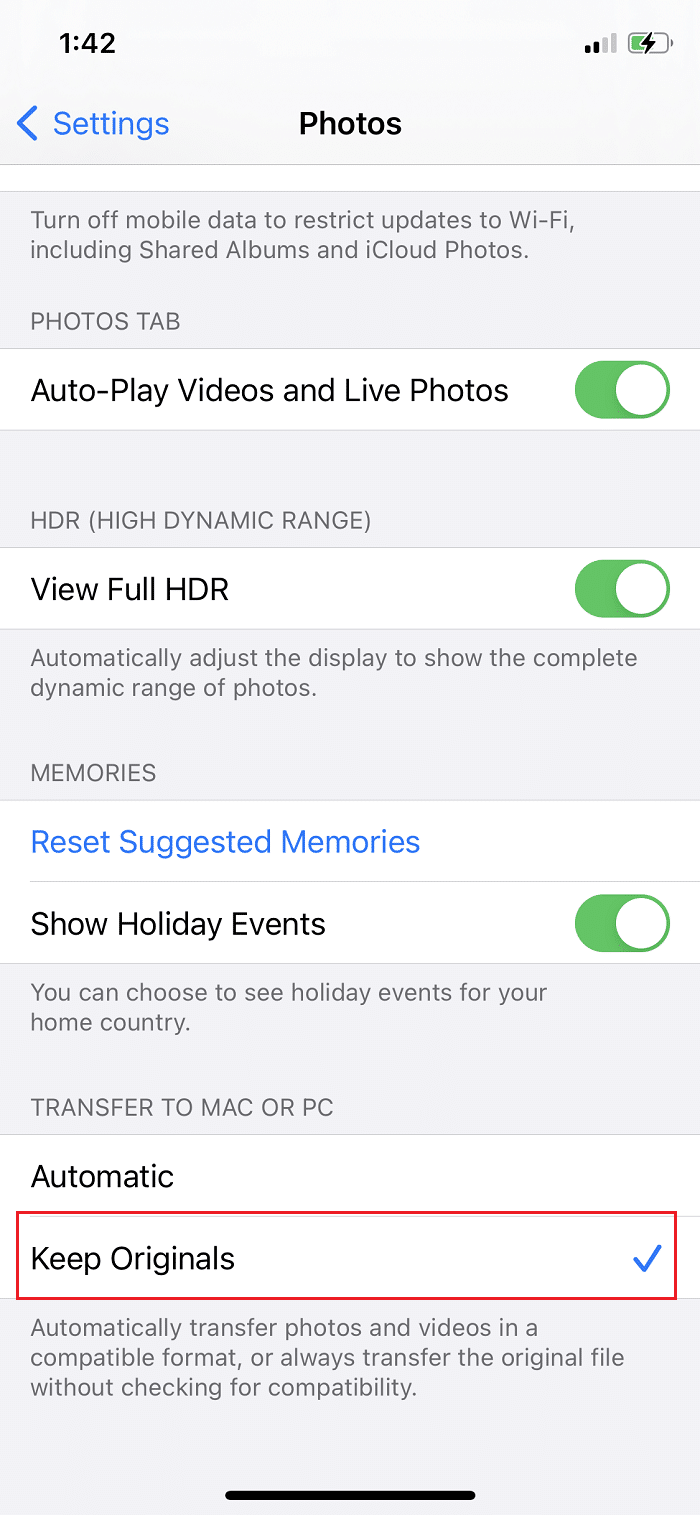 MAC veya PC'ye Aktar bölümünde, Orijinalleri Koru seçeneğini işaretleyin