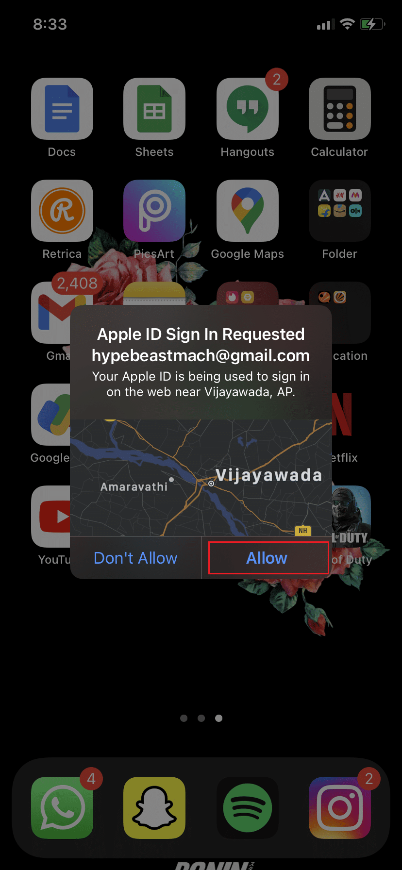 Apple ID Sign inRequestedというポップが表示されます。 [許可]をタップします。 Apple二要素認証