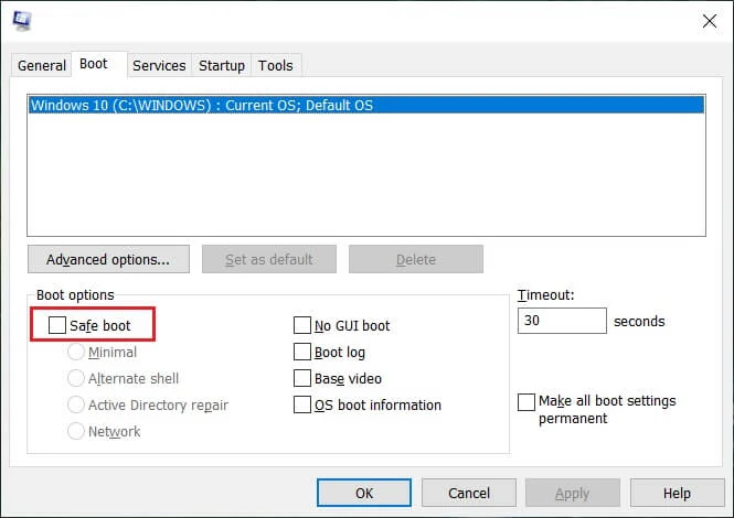 Wechseln Sie zur Registerkarte Boot und aktivieren Sie die Option Safe Boot