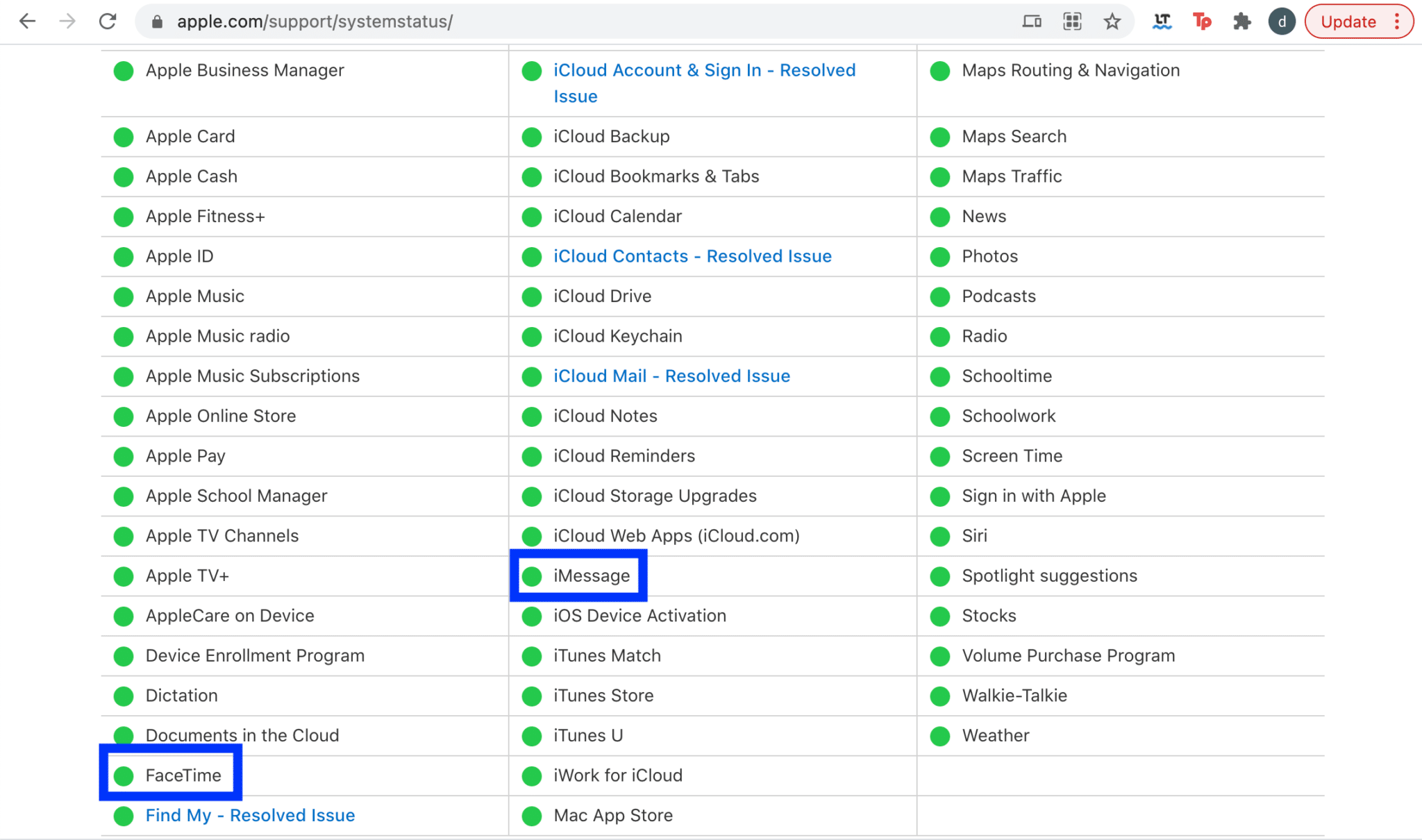 iMessage sunucusunun ve FaceTime sunucusunun durumunu kontrol edin. Düzeltme iMessage veya FaceTime'da Oturum Açılamadı