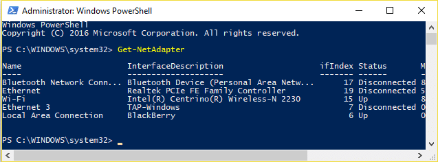 Введите команду Get-NetAdapter в PowerShell и нажмите Enter.