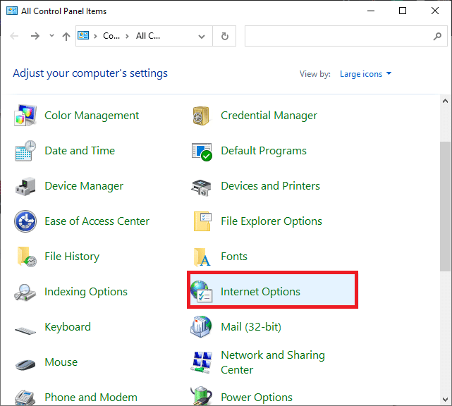Şimdi, Görüntüle'yi Büyük simgeler olarak ayarlayın ve aşağı kaydırın ve İnternet Seçeneklerini arayın. Steam'in Oyun İndirmemesini Düzeltin