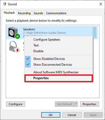 ستفتح نافذة الصوت. هنا ، انقر بزر الماوس الأيمن على جهاز تشغيل نشط وحدد خصائص.