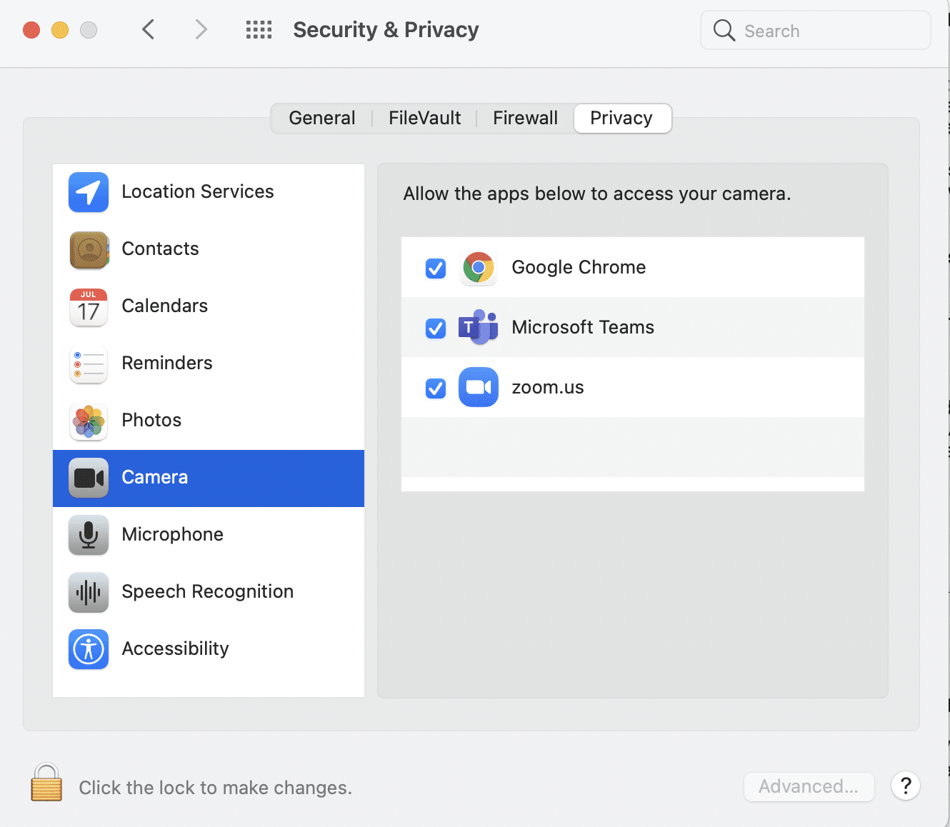 [セキュリティとプライバシー]をクリックして、[カメラ]を選択します。 Macカメラが機能しない問題を修正