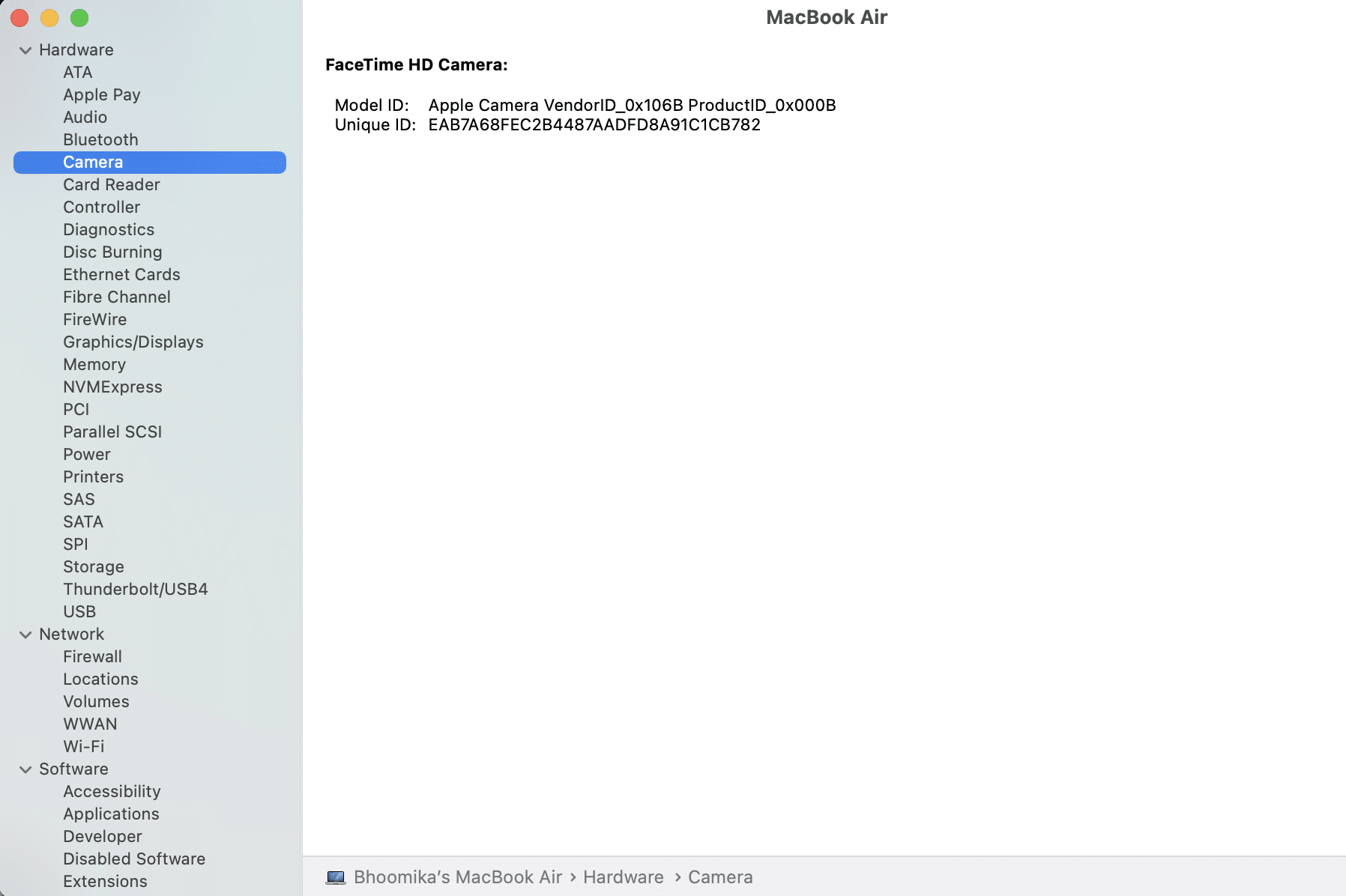 システムレポートをクリックしてから、カメラをクリックします