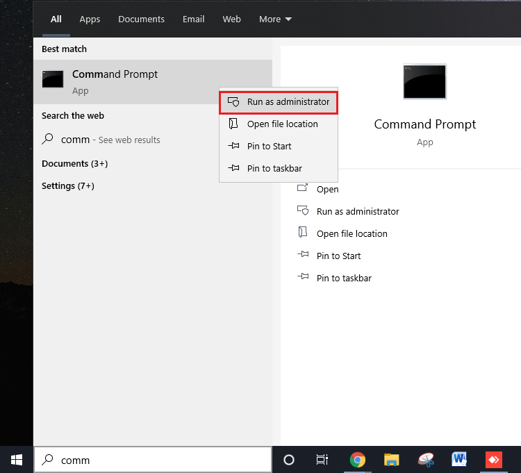 Komut İstemi'ni arayın, sağ tıklayın ve Yönetici Olarak Çalıştır'ı seçin | Windows 10'da eksik olan Windows Mağazasını düzeltin