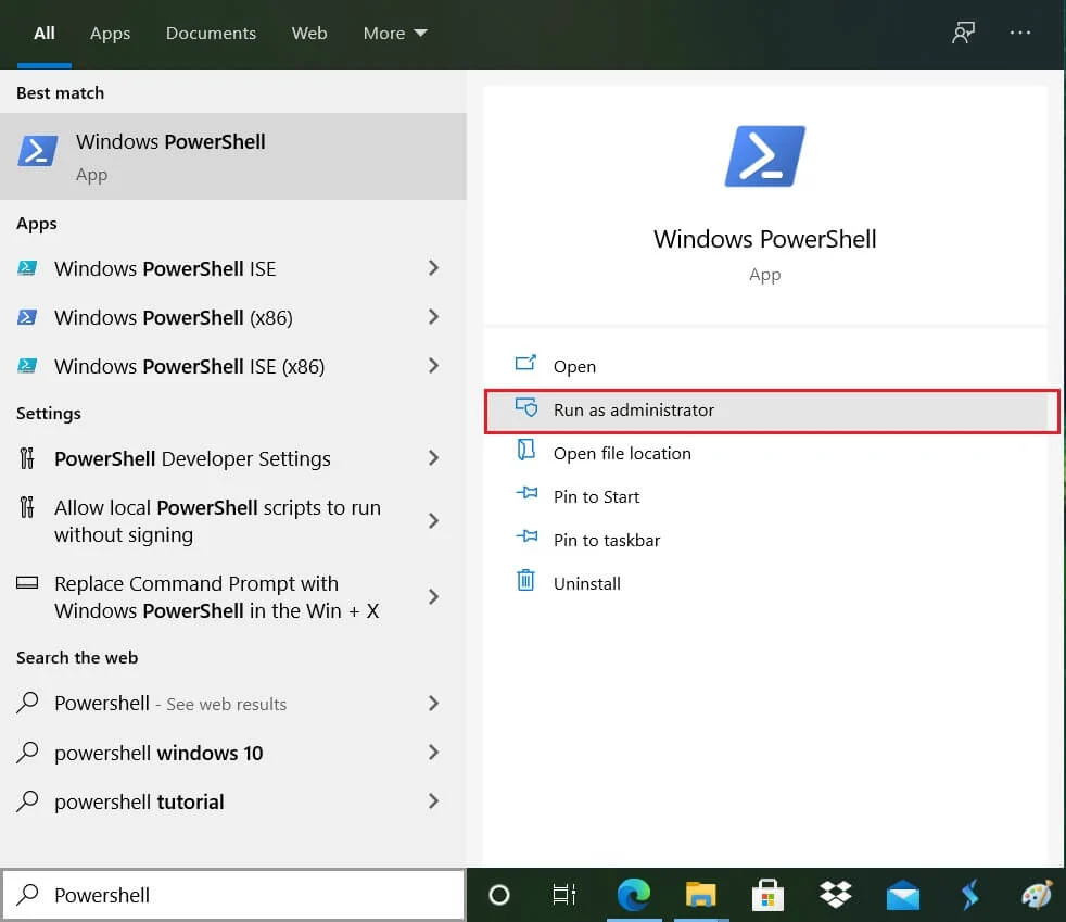 Windows aramasında Powershell yazın, ardından Windows PowerShell'e sağ tıklayın (1)