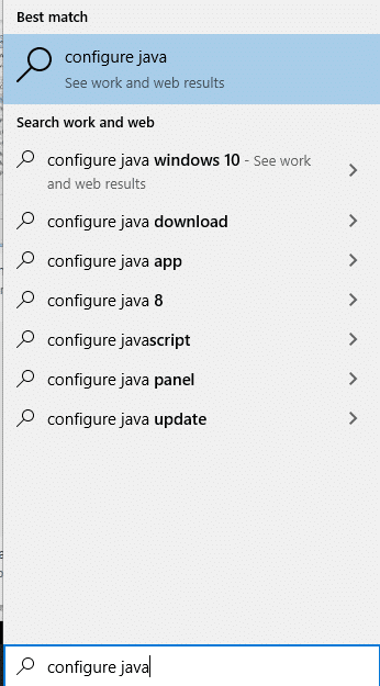 ابدأ تكوين تطبيق Java بالبحث عنه في شريط Windows Search | فشل إصلاح خطأ Minecraft في كتابة Core Dump