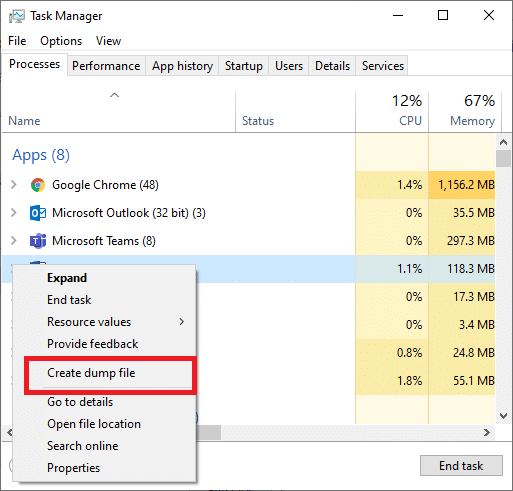 انقر بزر الماوس الأيمن فوقه وحدد إنشاء ملف تفريغ
