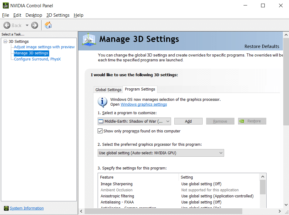 ضمن إدارة الإعدادات ثلاثية الأبعاد ، انقر فوق إعدادات البرنامج
