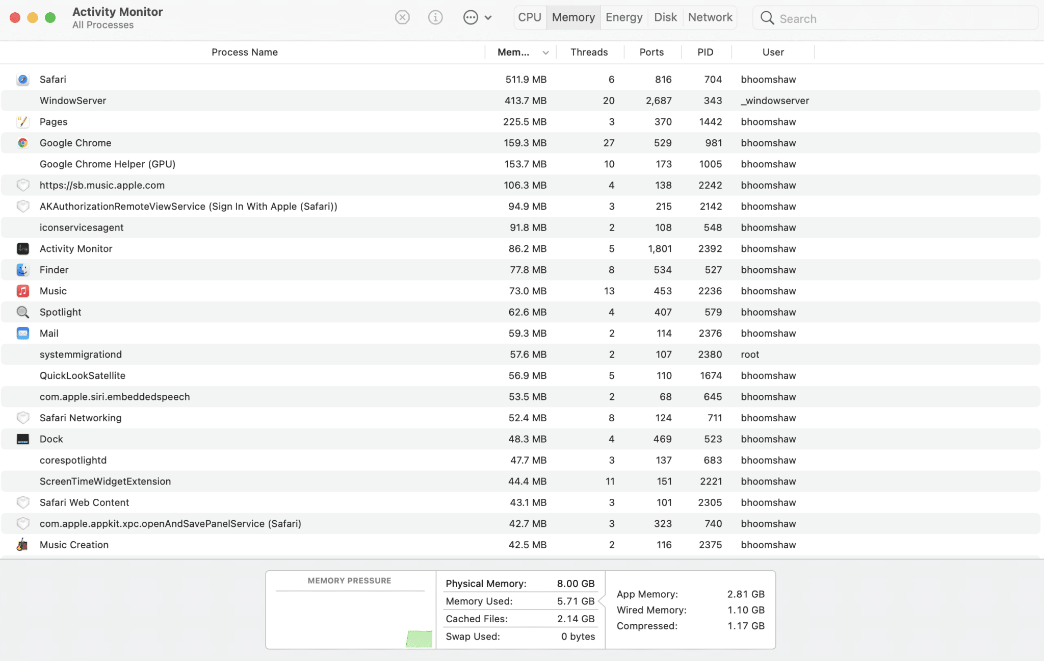 Wybierz kartę Pamięć i obserwuj ciśnienie pamięci